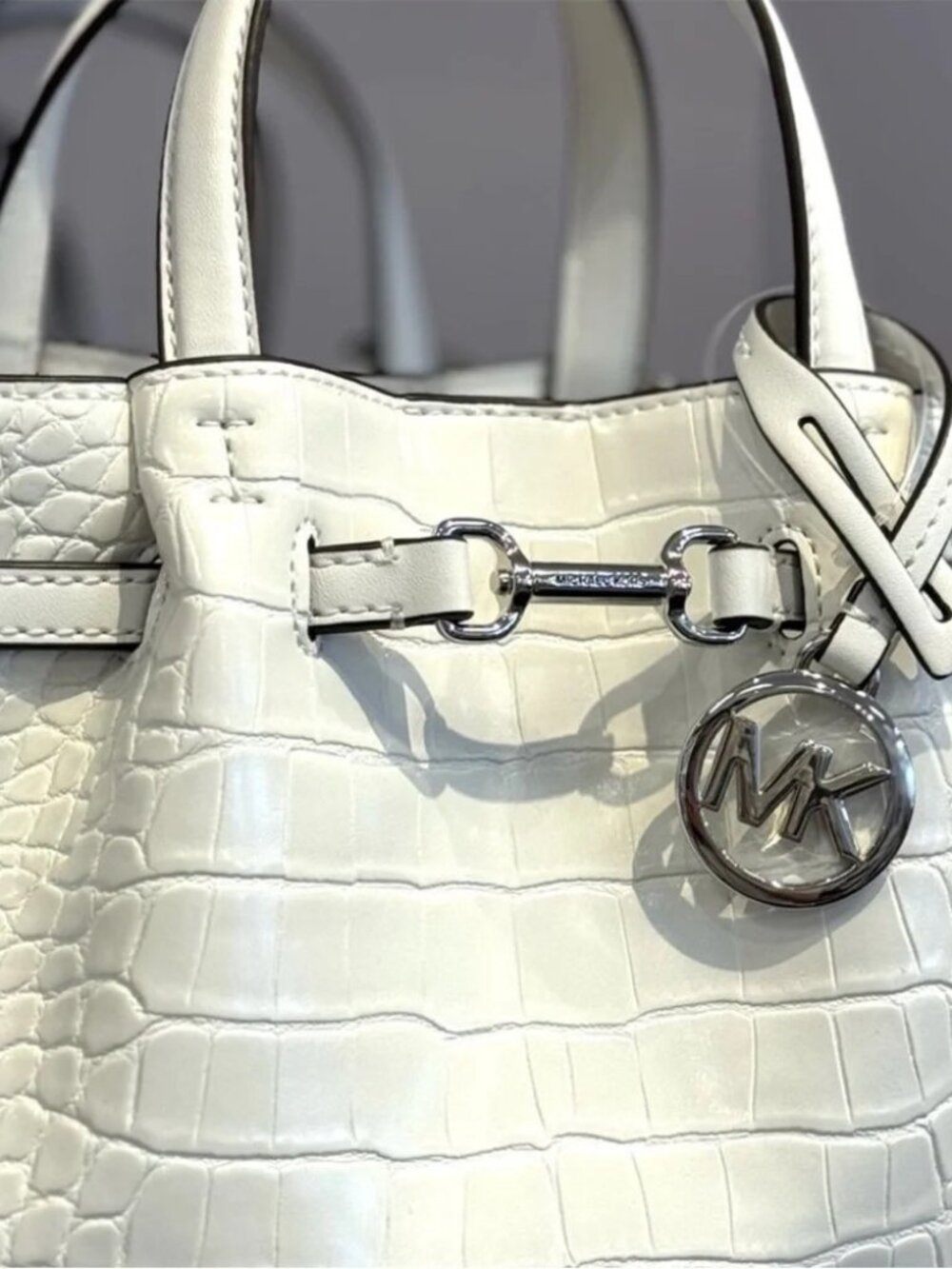 Michael Kors Carson White Crocodile Embossed Satchel Crossbody NWT Silver Accent - Picture 5 of 7